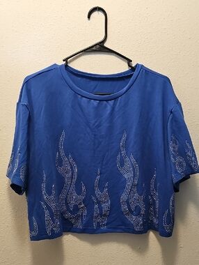 Blue Crystal Flame Short Sleeve Crop Top